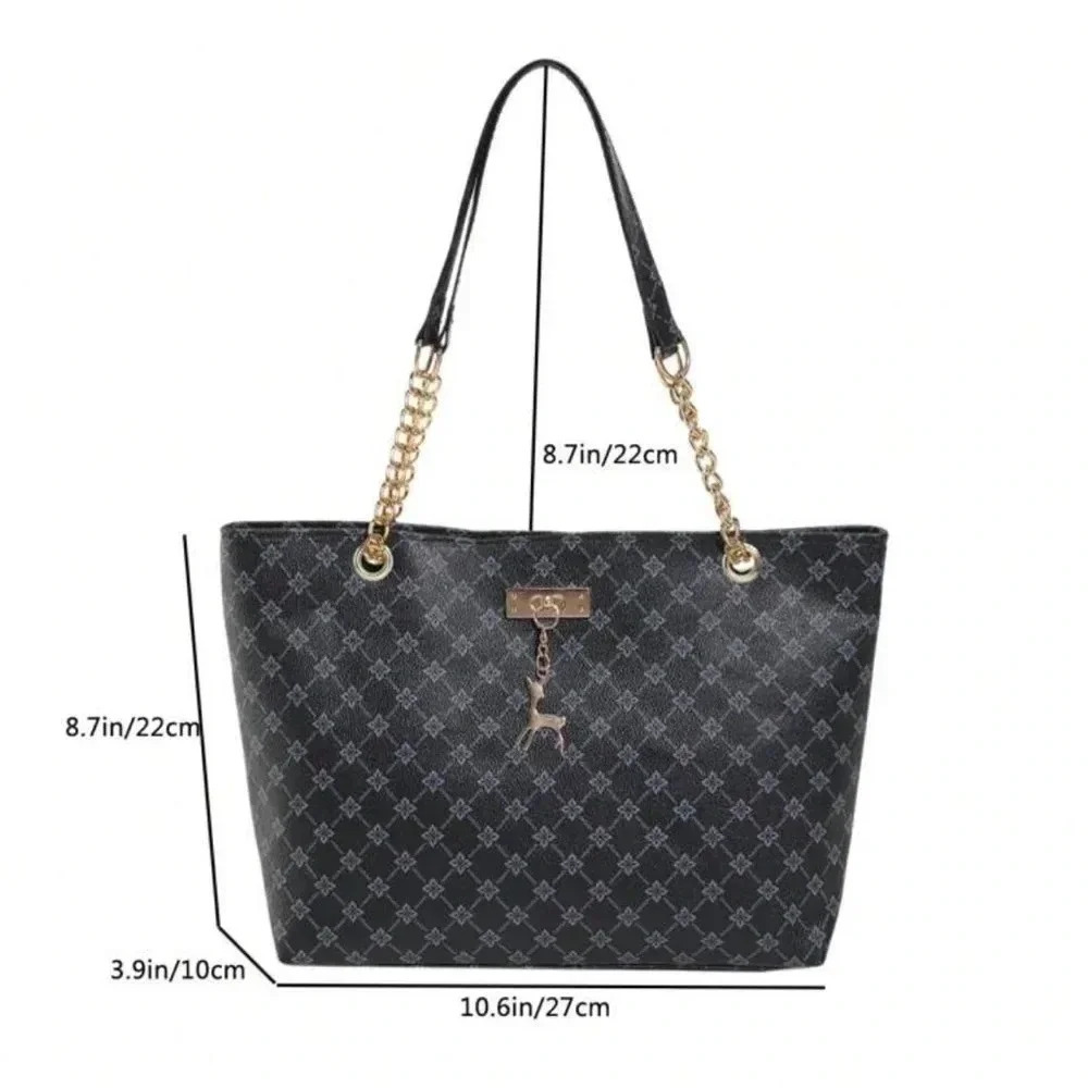 ⚠️Clearance Black Patterned Large Shoulder Tote Bag Gold Pendant - Picture 5 of 10